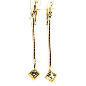 Gold tone Geometric Crystal Long Drop Earrings – Elegant Sparkle Dangle Jewelry